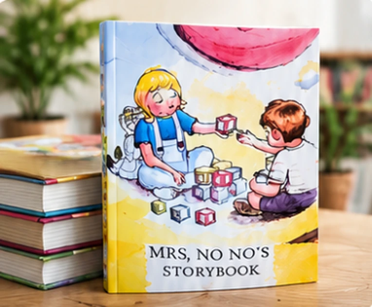 Mrs. No No's Storybook illustrated book standing beside a stack of books